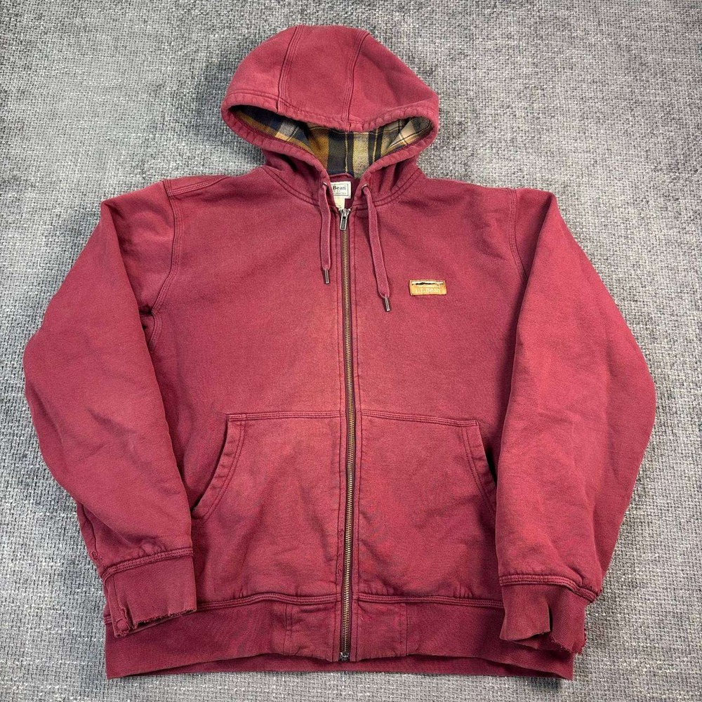L.L. Bean Full Zip Hoodie Mens Medium Burgundy Flannel Lined Distressed 511528